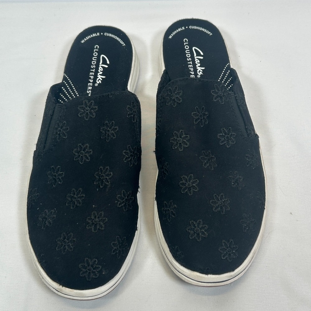 Clarks Cloudsteppers Black Floral Slip On Mules Slide Comfort Walking Shoe Sz 7